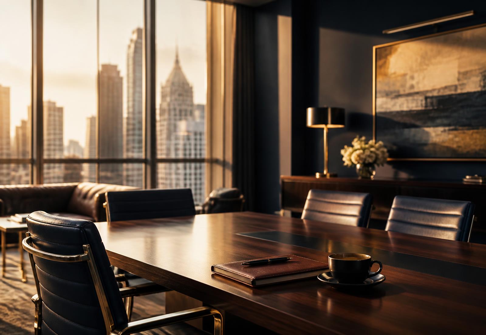 Sunlit boardroom prepared for a strategic advisory session
